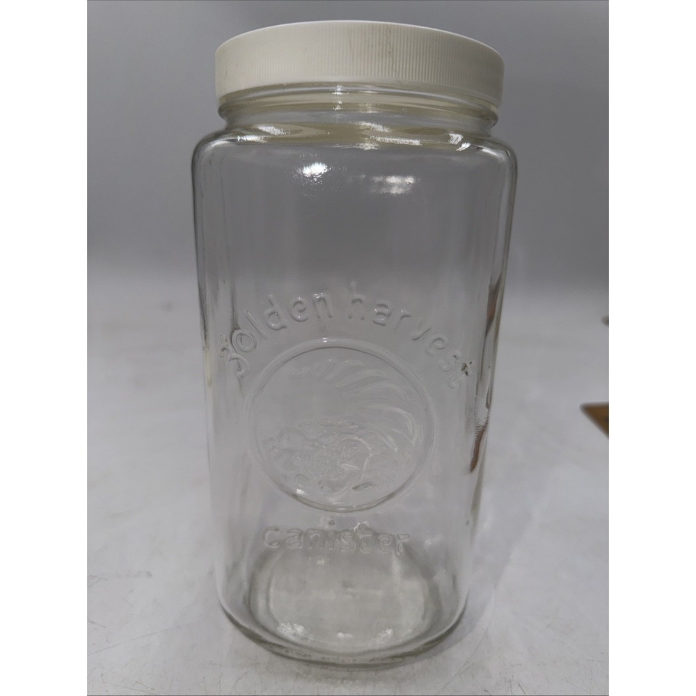 Vintage Golden Harvest Glass Canister White Lid 9 1/4" Tall Mason Storage Jar